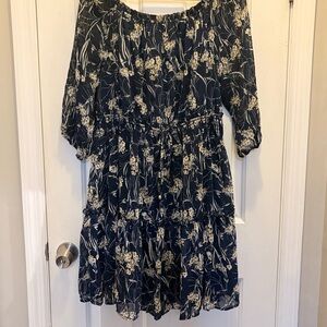 Navy and White Floral Long Sleeve Dress